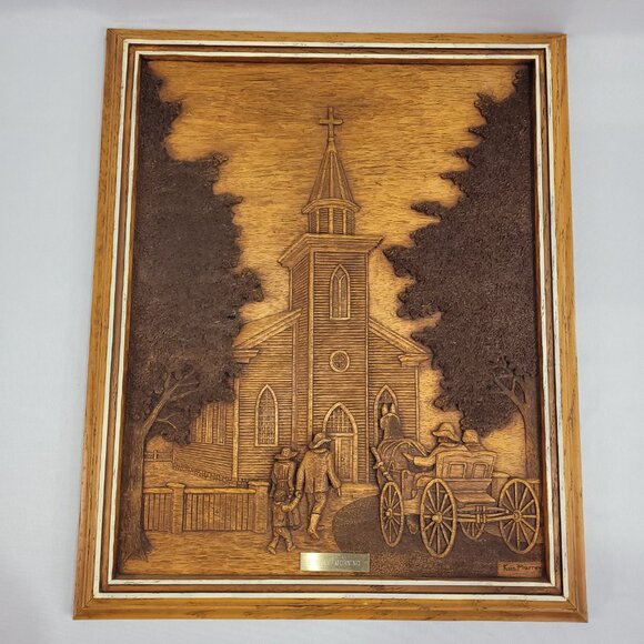 Kim Murray Vintage Sunday Morning Picture 15"x19" Church Wagon Wood Carving - Picture 1 of 2